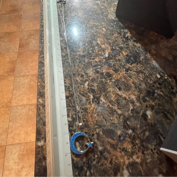 🌔Lovely Crescent Blue Fire Opal Moon and Star Sterling Silver Necklace! - Picture 3 of 11